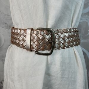 Womens Braided Woven Distressed Silver Leather Belt Sz L Solid Brass Buckle
